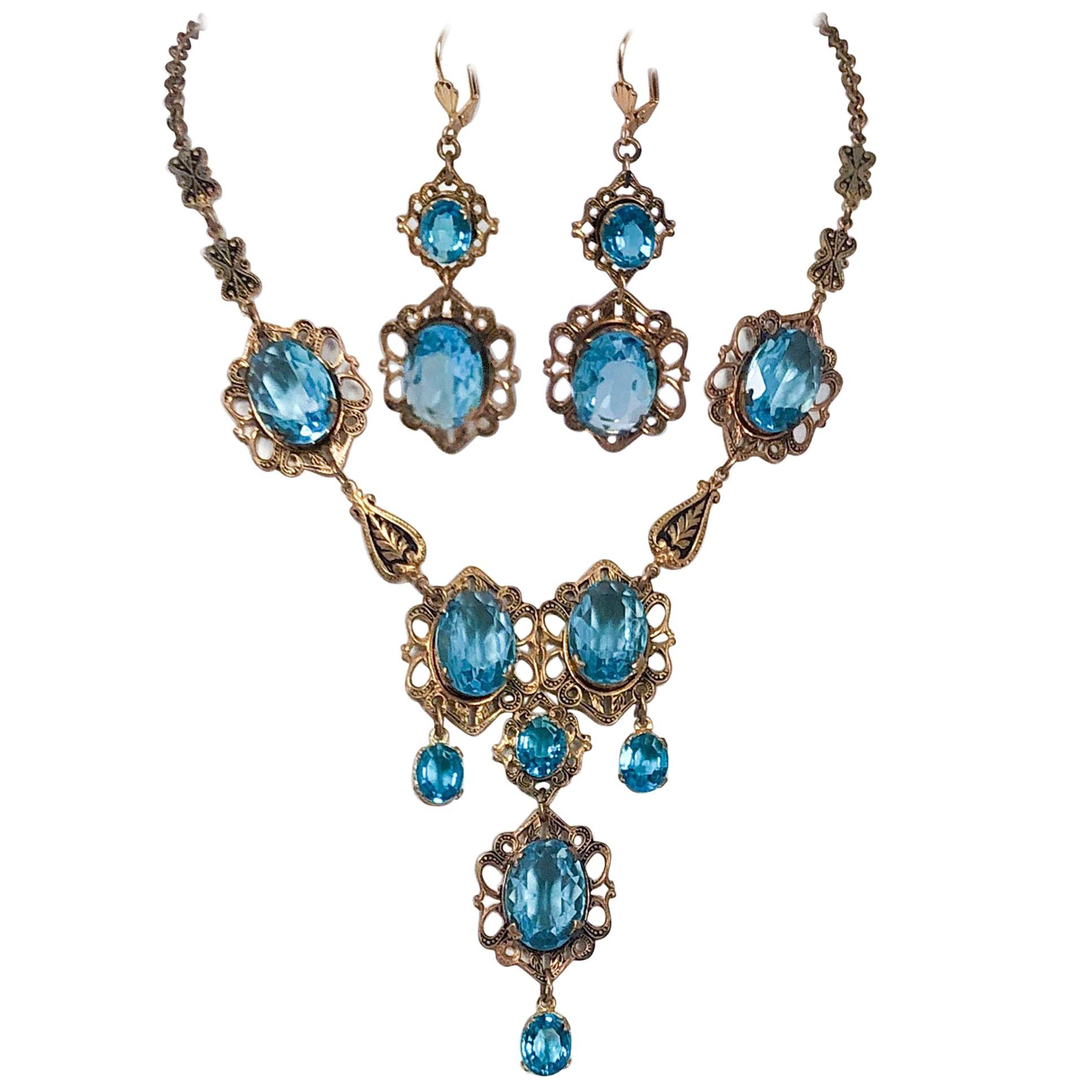 c. 1930 Aqua and Brass Necklace/Earring Set