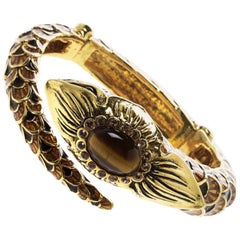 Roberto Cavalli Serpent Head Enamel Gold Tone Detailed Open Cuff Bracelet