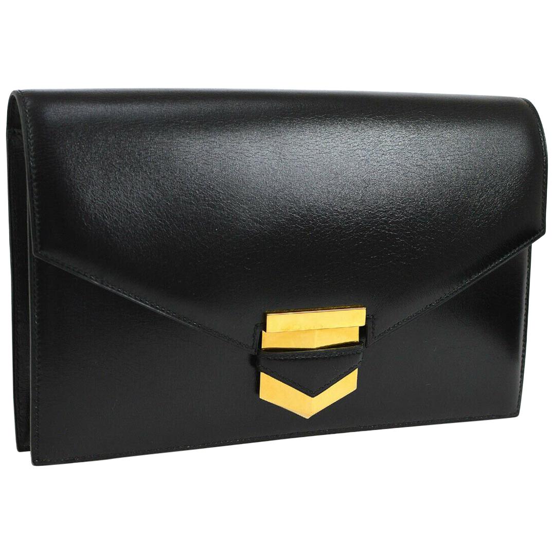 Hermes Black Leather Gold Evening Envelope Clutch Flap Bag