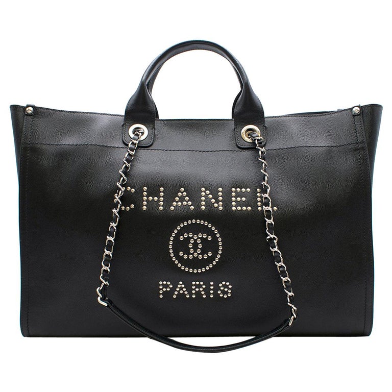 Chanel Deauville XL Black Leather Studded Bag For Sale at 1stdibs