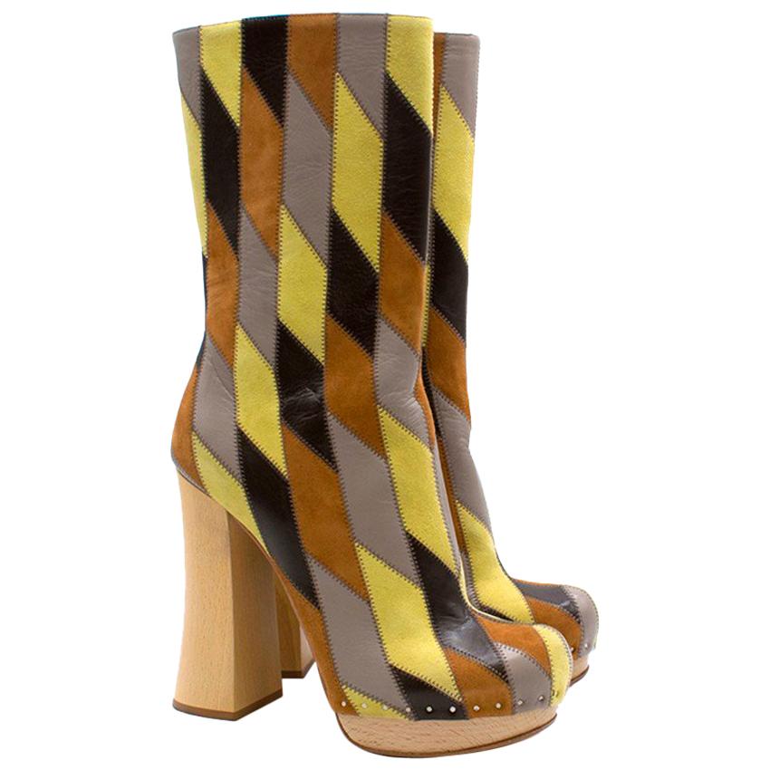 Prada Brown and Yellow Leather Platform Boots US 5.5