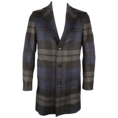 SISLEY L Grey & Navy Plaid Wool Notch Lapel Coat