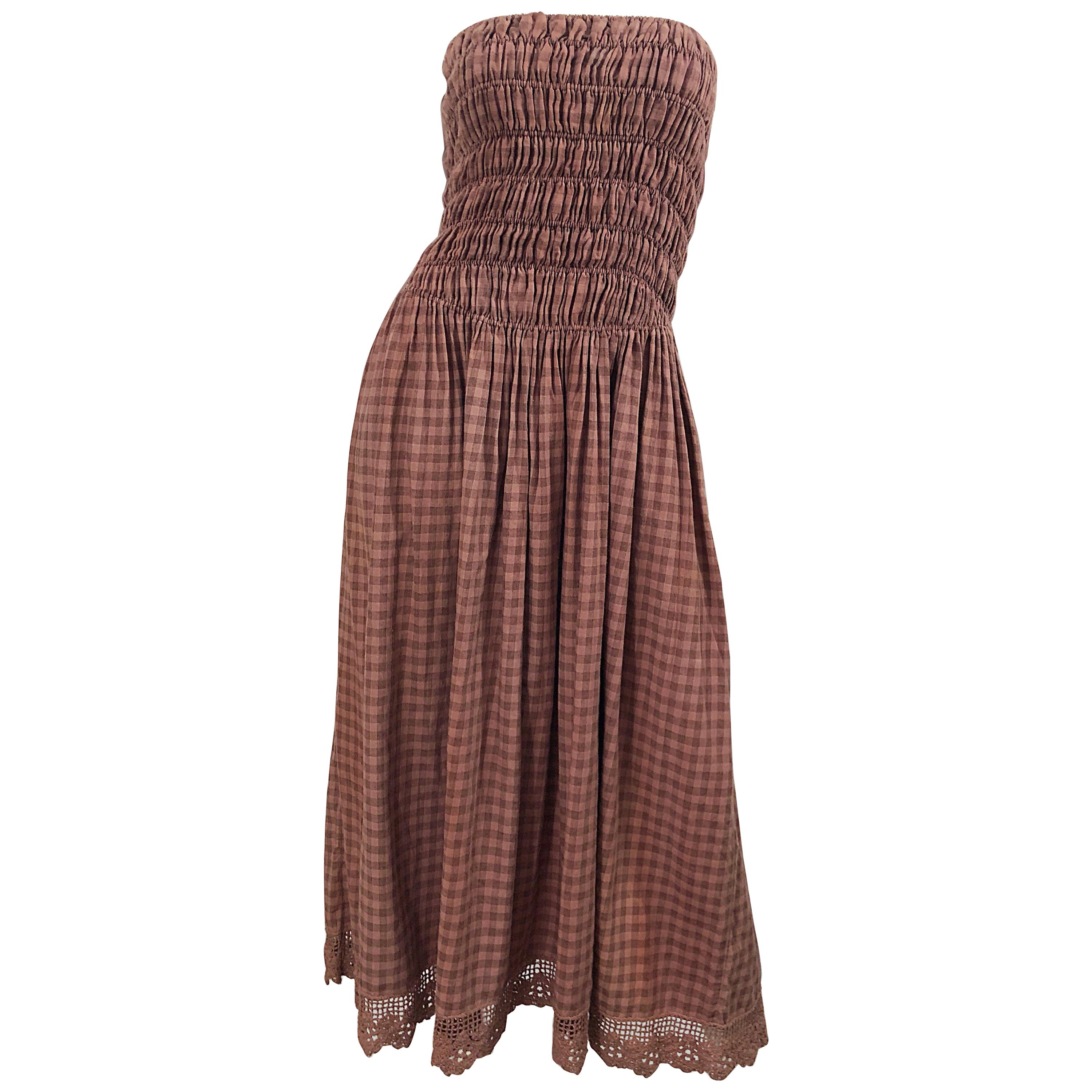 1970s Geoffrey Beene Dusty Rose Pink + Brown Crochet Strapless Ombre Midi Dress