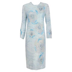 Retro 1970's Halston Couture Blue Beaded Floral Silk Crepe Long-Sleeve Dress