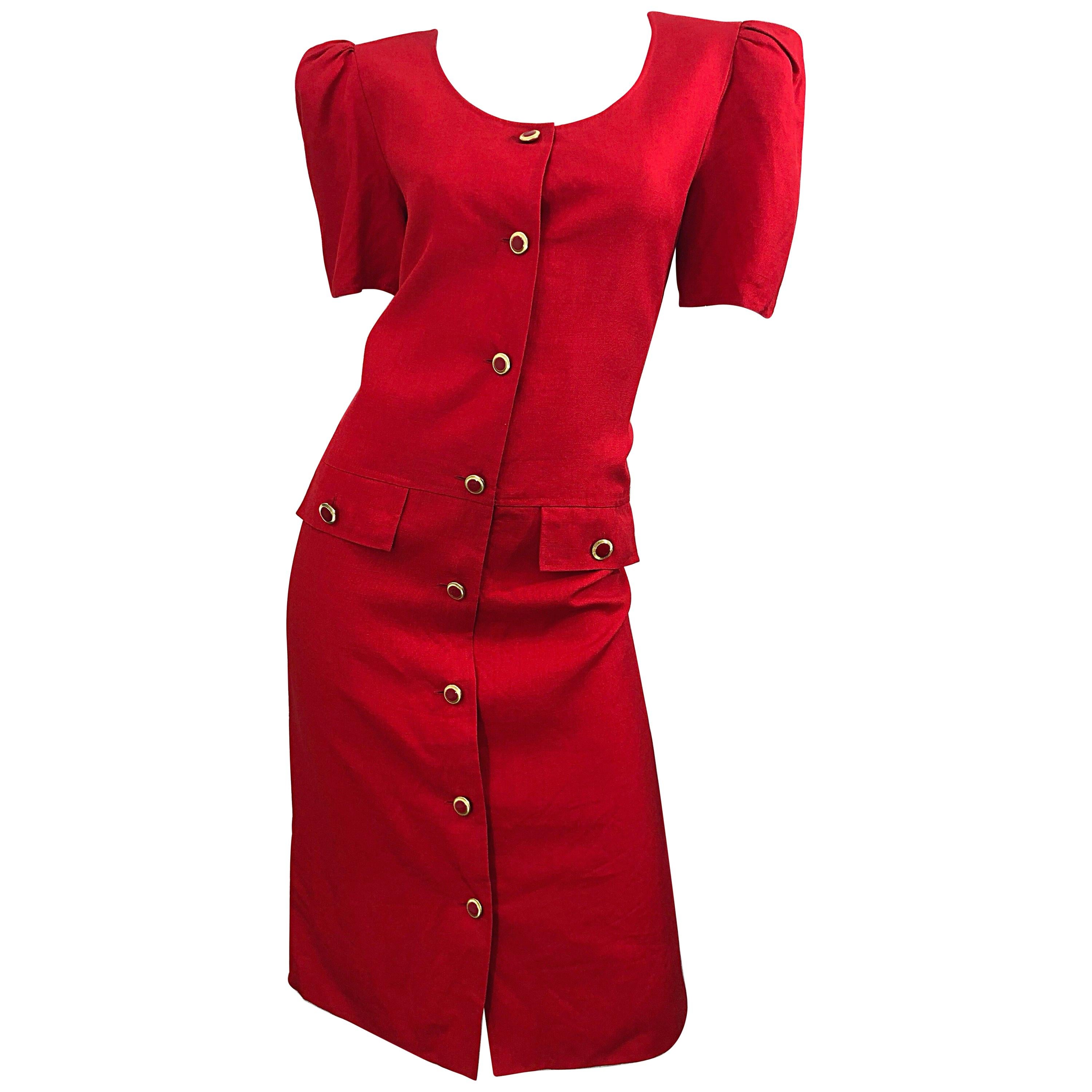 Vintage Adele Simpson I Magnin 1980s Size 10 Lipstick Red Linen Rayon 90s Dress For Sale
