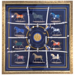 Framed Hermes Blue 'Couvertures et Temes de Jour' Silk Scarf