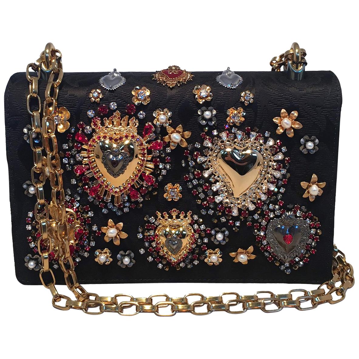 Dolce and Gabbana DG Girls Brocade Hearts Embellished Handbag