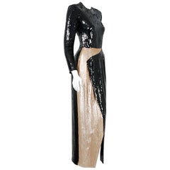 Retro 1993 Geoffrey Beene Documented Black & Gold Sequin Geometric Long-Sleeve Gown