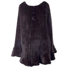 Vintage Dark Chocolate Brown Mink Knit Poncho Cape with Mink Pom Poms