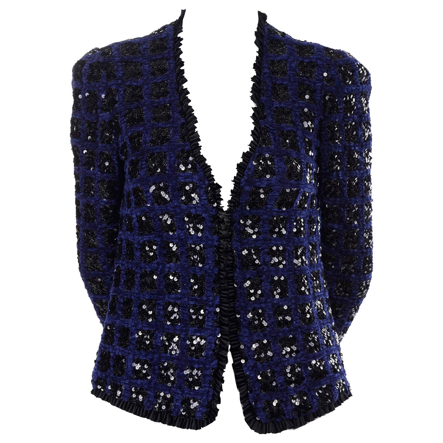 Adolfo Vintage Evening Jacket in Blue Chenille With Black Sequins  For Sale