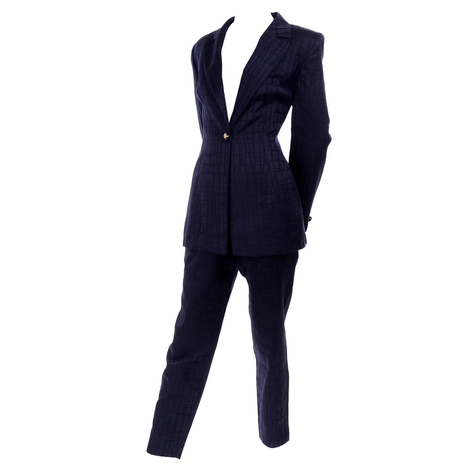 Escada Margaretha Ley Vintage Trouser & Jacket Pant Suit Textured Blue Cotton
