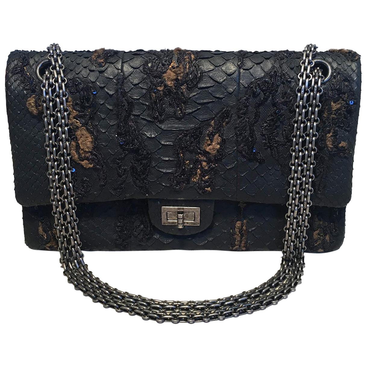 RARE Chanel Black Embroidered Python 2.55 Classic Flap Reissue 226