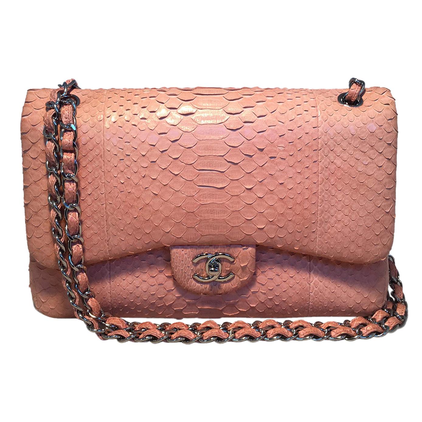 Chanel Peach Pink Python Jumbo 2.55 Double Flap Classic Shoulder Bag