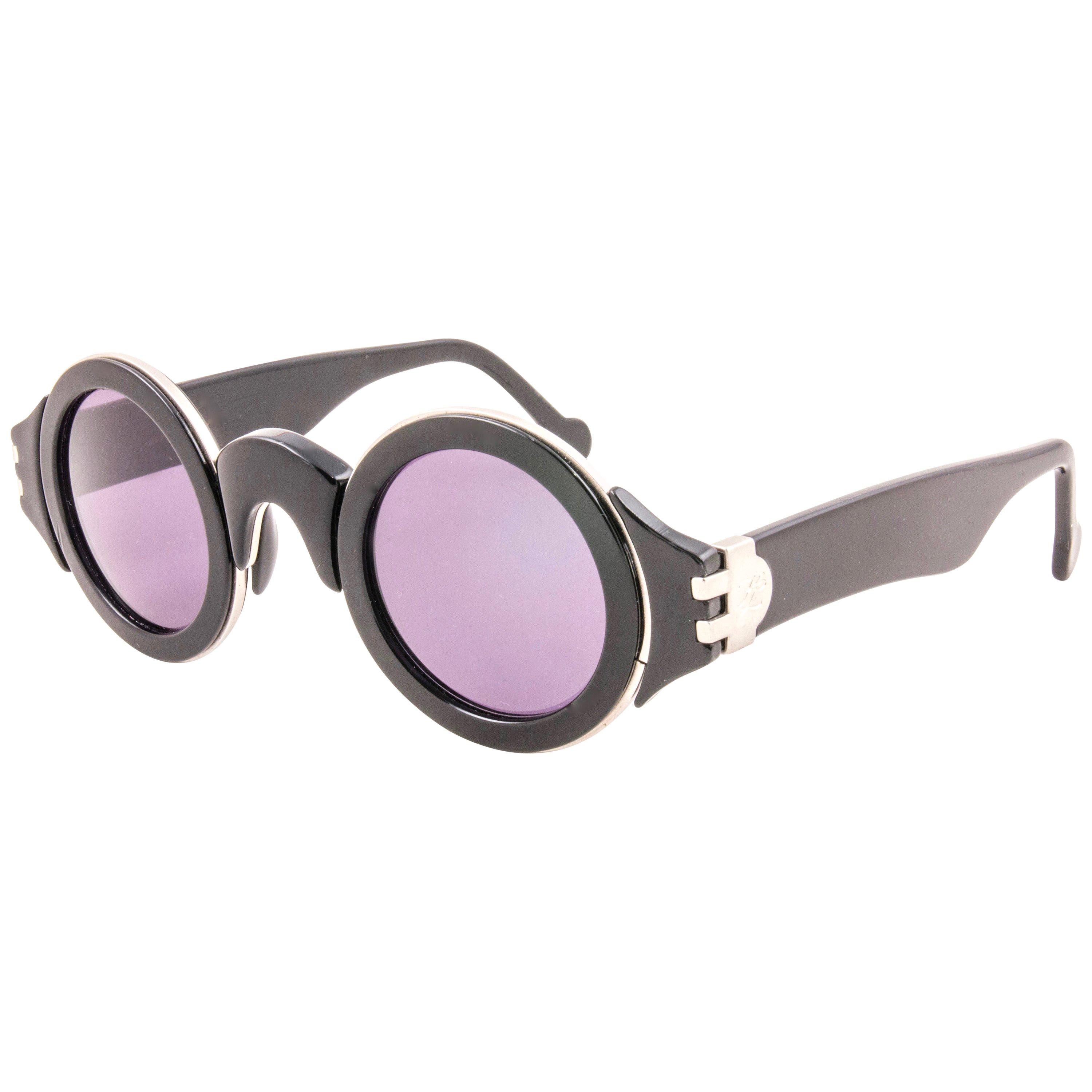 Karl Lagerfeld Vintage Round Black and Silver Sunglasses Made In Germany, 1980s