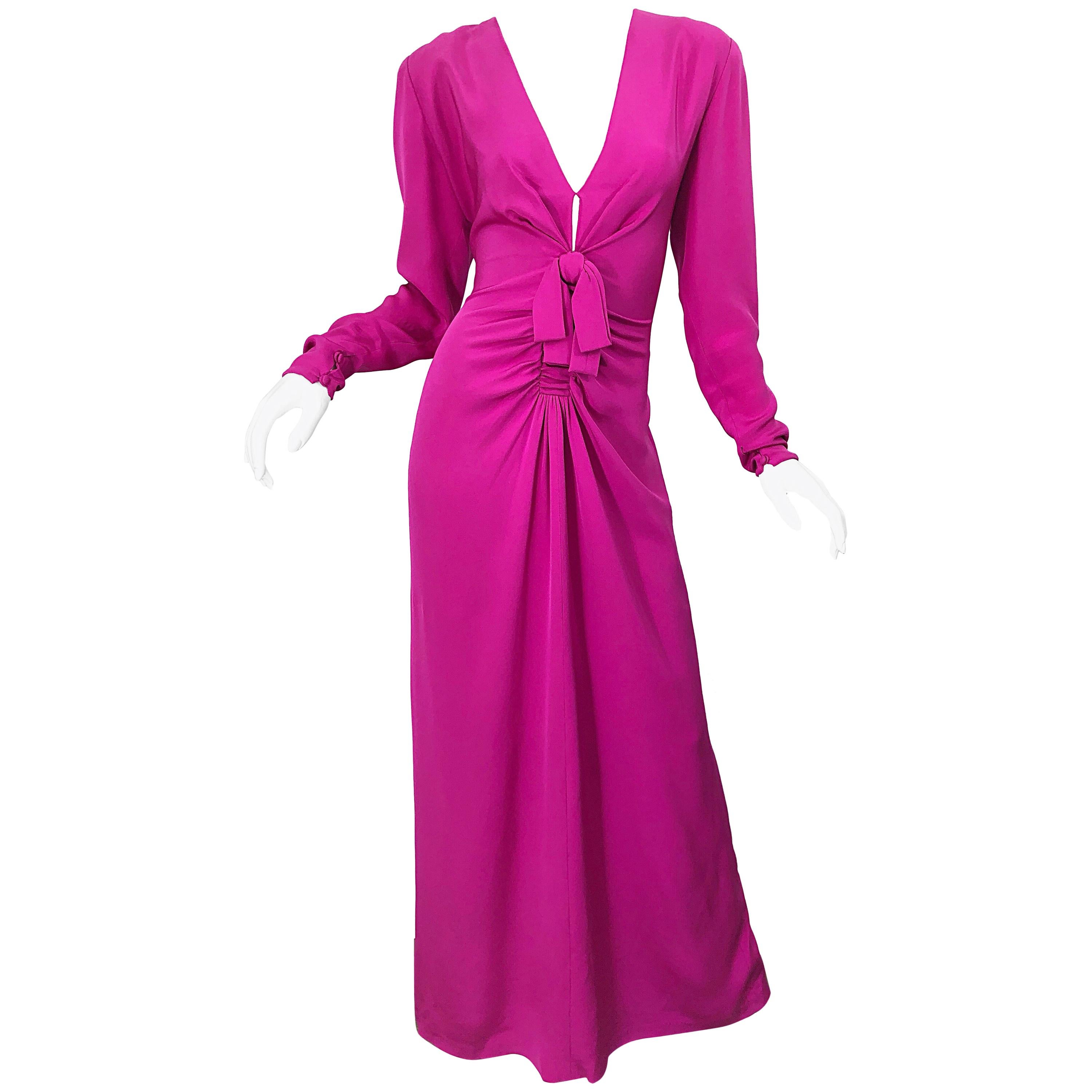 Vintage Bill Blass Size 8 / 10 Hot Pink Silk Jersey Cut - Out Evening Gown