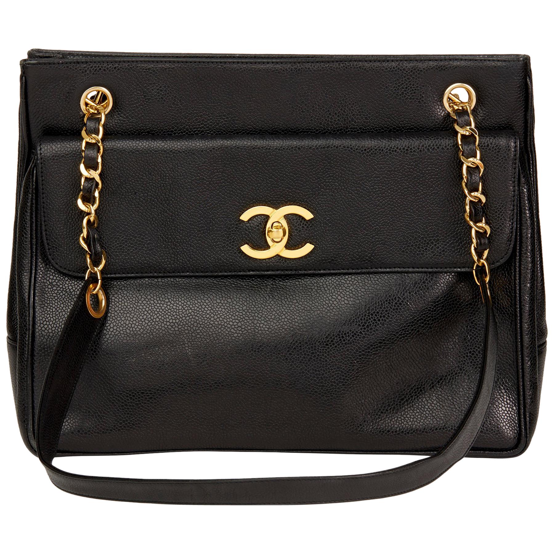 1991 Chanel Black Caviar Leather Vintage Classic Shoulder Bag