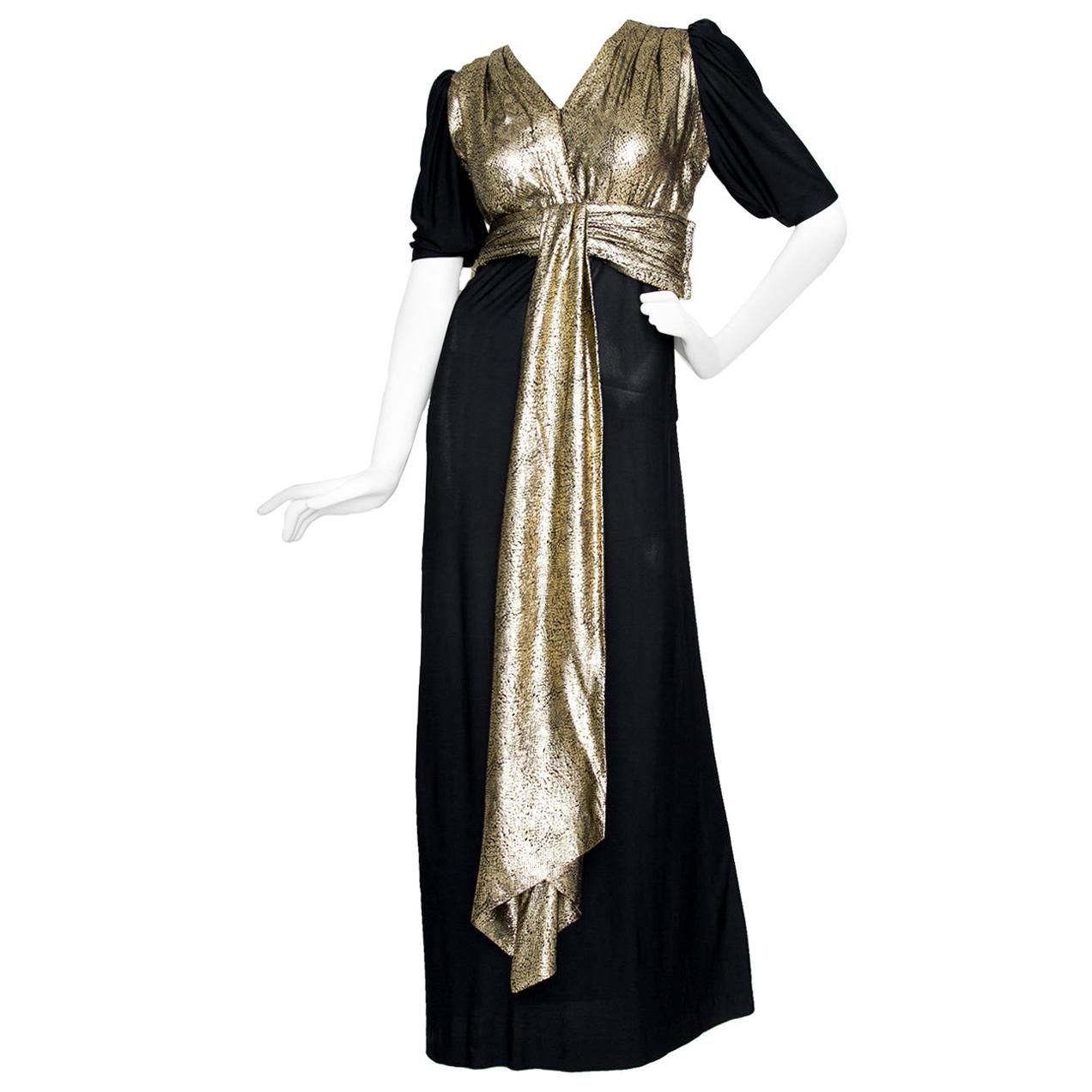 Yves Saint Laurent Black Silk and Gold Lamé Dress, 1970s 
