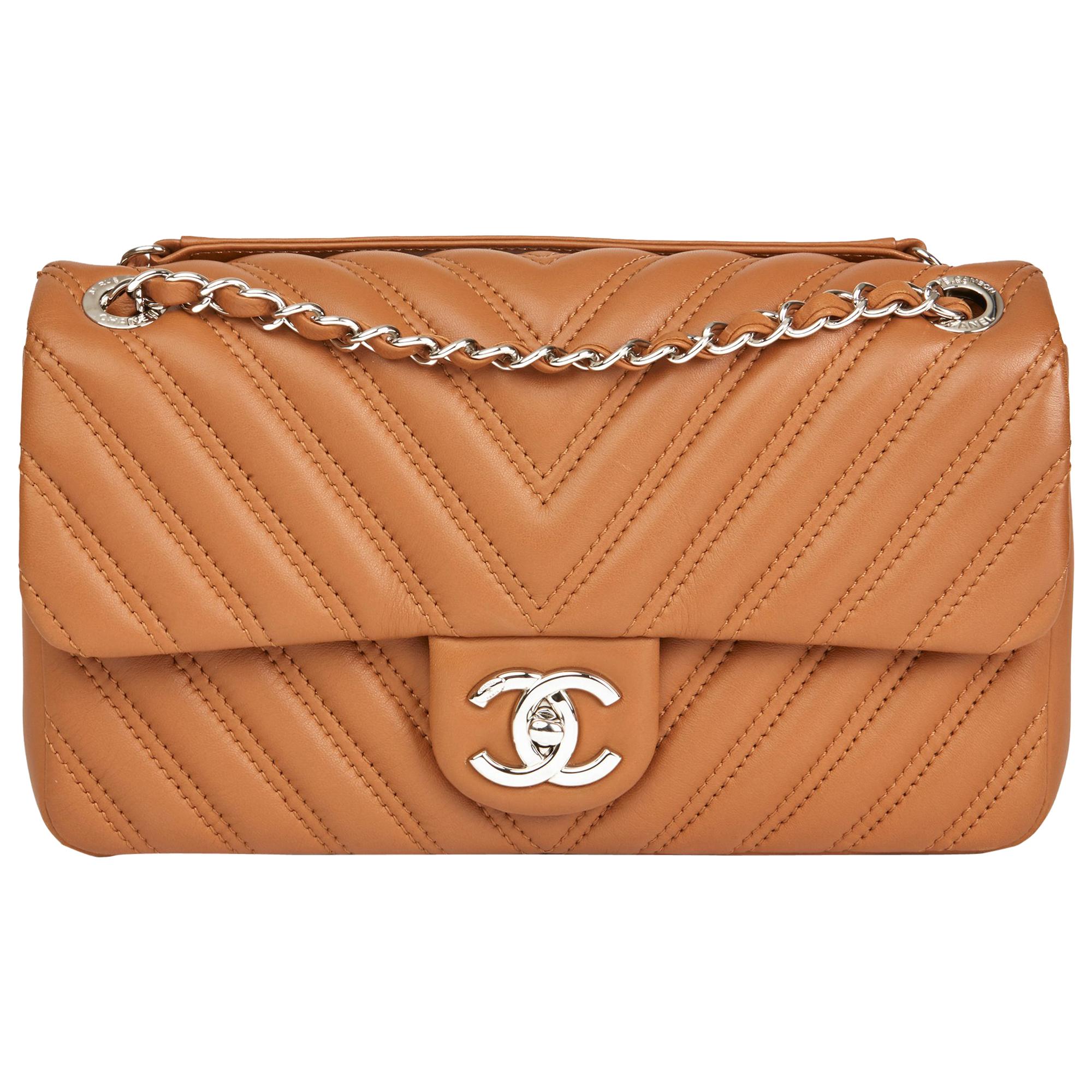 Chanel Toffee Chevron Quilted Lambskin Classic Single Flap Bag 