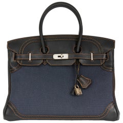 2012 Hermes Black Evercalf Leather & Blue Denim Toile Ghillies Birkin 35cm