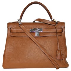 Hermes Kelly 32 Bag brown leather epsom/tan with silver Hardware Tote/Crossbody