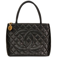 1998 Chanel Black Quilted Caviar Leather Vintage Medallion Tote