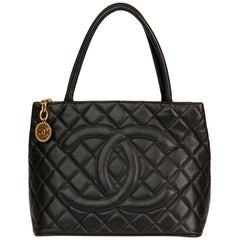 2001 Chanel Black Quilted Caviar Leather Medallion Tote