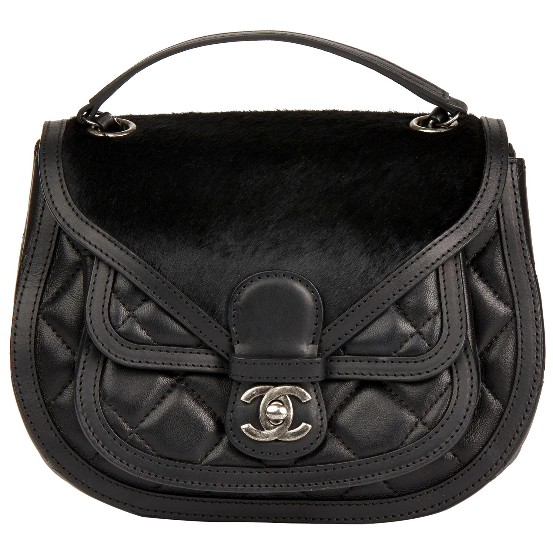 2014 Chanel Black Quilted Lambskin & Pony Fur Paris-Dallas Saddle Bag