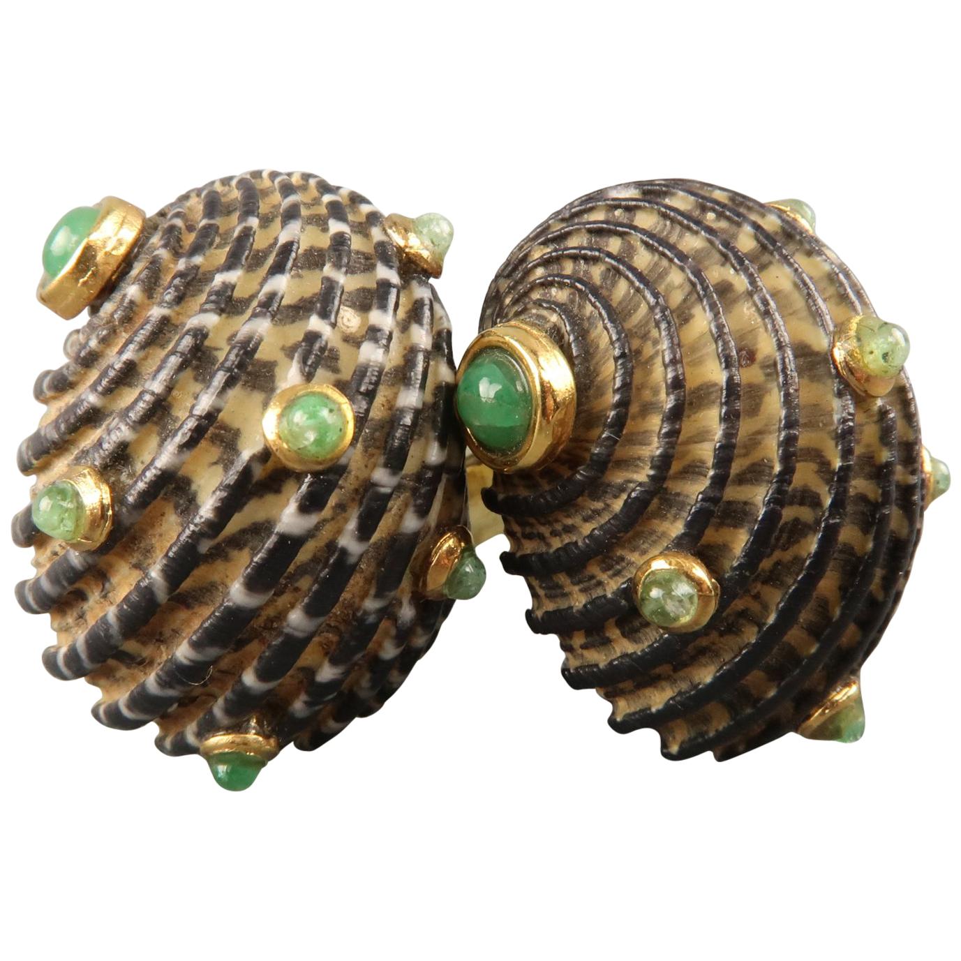 L'OREE du BOIS Clip On Earrings - Gold Tone, Green Stone on a Sea Shell 