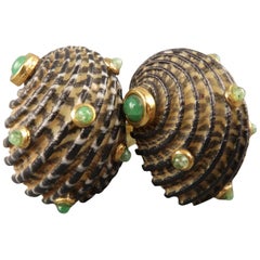 L'OREE du BOIS Clip On Earrings - Gold Tone, Green Stone on a Sea Shell