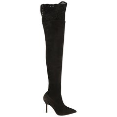 MANOLO BLAHNIK Size 6.5 Black Suede Cutout Trim Thigh High Boots