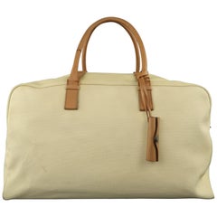 Vintage BOTTEGA VENETA Beige Textured Coated Canvas & Tan Leather Duffle Travel Bag