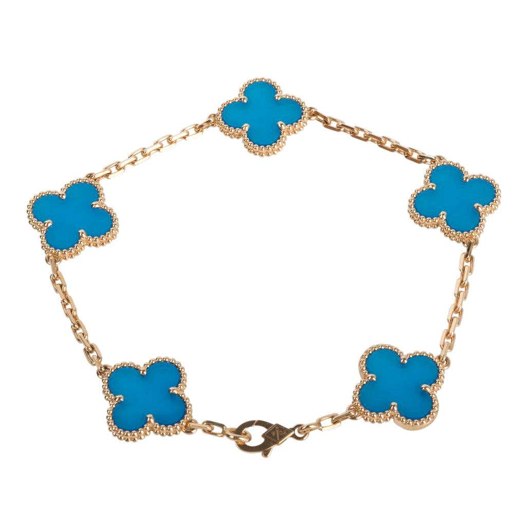 Van Cleef And Arpels Vintage Alhambra Blue Agate Yellow Gold 5 Motif van-cleef-and-arpels-vintage-alhambra-blue-agate-yellow-gold-5-motif