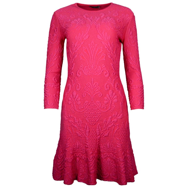 Alexander McQueen NWT Fuchsia Shocking Pink Brocade Longsleeve Dress Sz ...