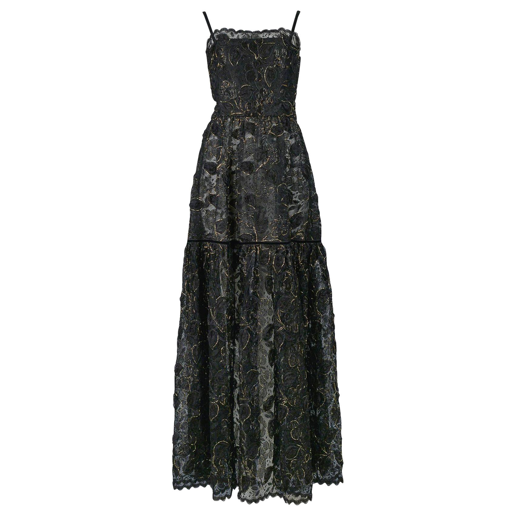 Vintage Yves Saint Laurent Black Lace & Gold Thread Evening Gown