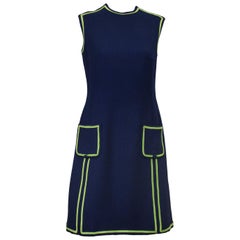 1960s Navy Wool Shift Dress with Lime Green Piping