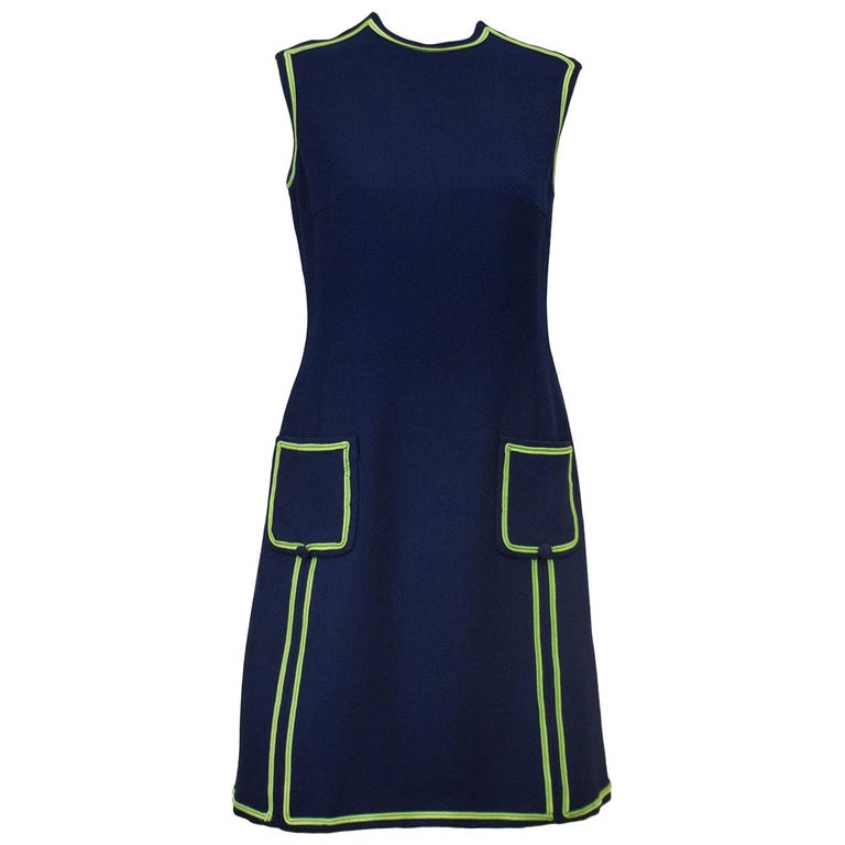 1960s Navy Wool Shift Dress with Lime Green Piping at 1stDibs | green ...