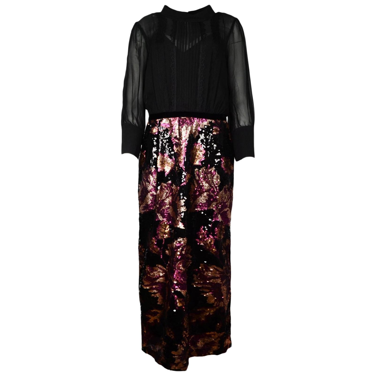 Marchesa Notte NWT Black Column Gown W/ Chiffon Bodice & Sequin Skirtgown Sz 14