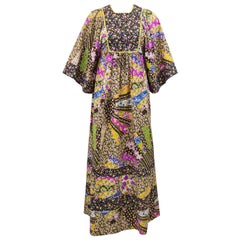 1970s Psychedelic Floral Patchwork Boho Dress 