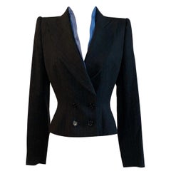 Alexander McQueen 1997 Charcoal Grey Blue Pinstripe Silk Collar Blazer Jacket