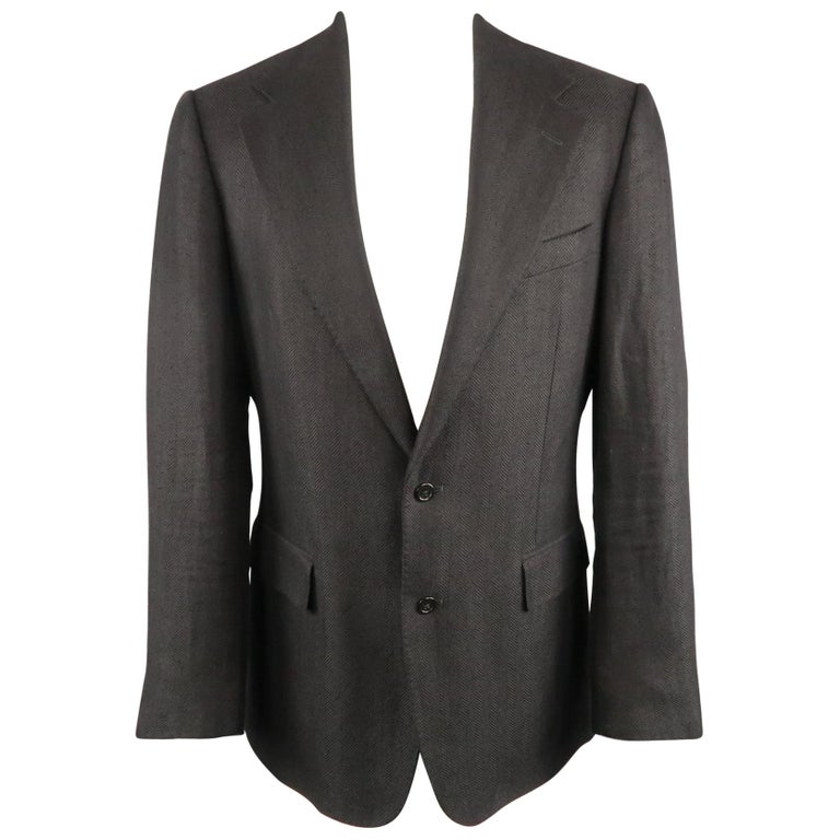 Men's RALPH LAUREN 40 Charcoal Herringbone Linen / Silk Notch Lapel ...