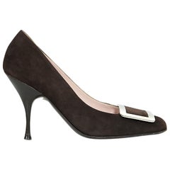 Brown Celine Suede Buckle Pumps