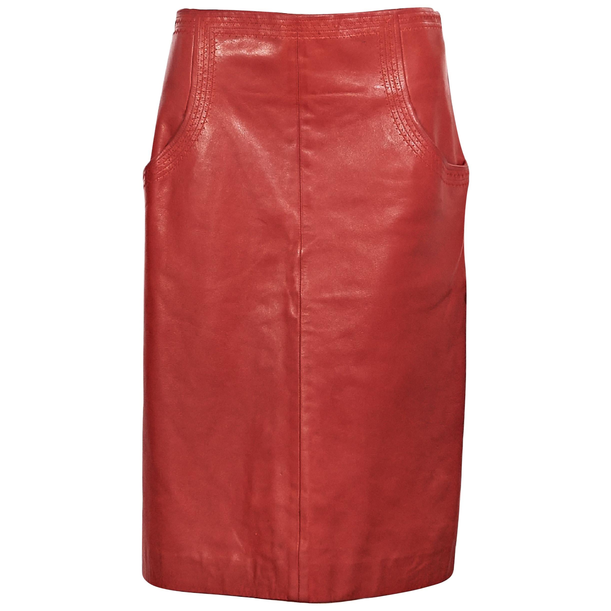 Red Vintage Chanel Leather Pencil Skirt