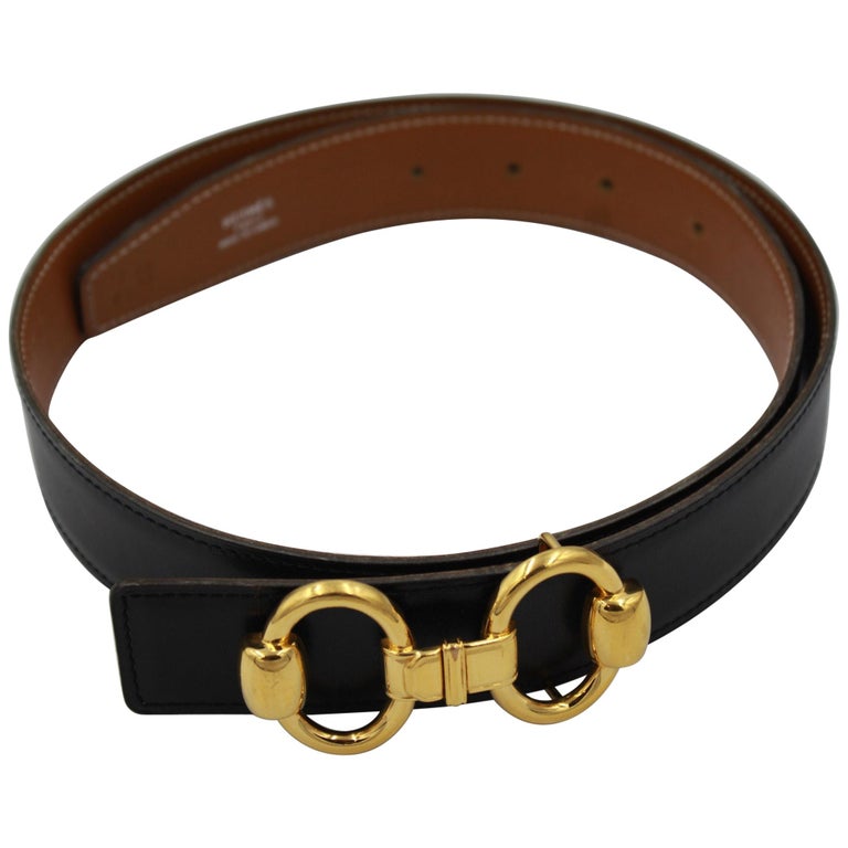 Hermes reversible Black and Gold Leather Belt. Size 80 cm at 1stDibs