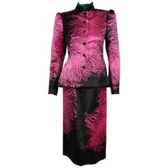 1979 Givenchy Haute-Couture Novelty Feather Print Silk Jacket Blouse & Skirt Set