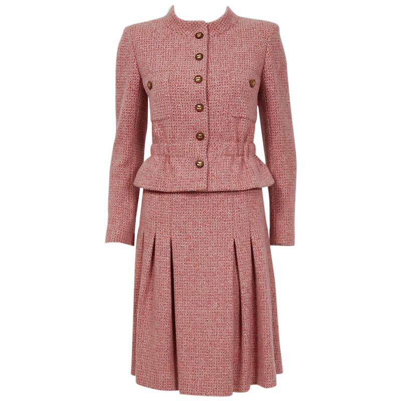 2001 Chanel Runway Blush-Pink Cashmere Wooden Buttons Pleated Skirt Jacket Suit