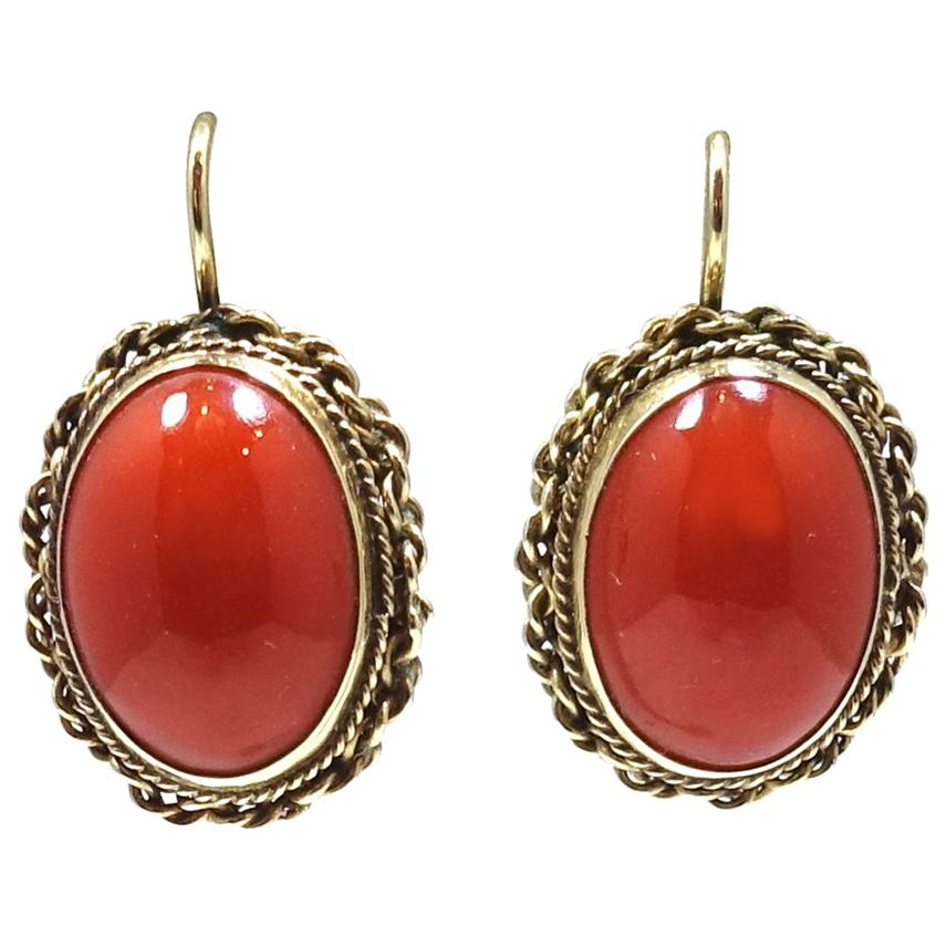 Vintage Blood Coral -14kt Gold Pierced Earrings