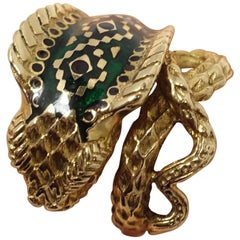 Vintage 18kt Gold & Green Enamel Cobra Ring, Size 8
