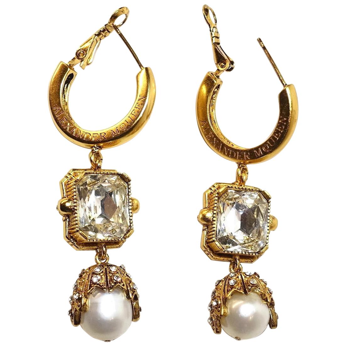 Vintage Signed Alexander McQueen Faux Pearl & Crystals Pierced Earrings