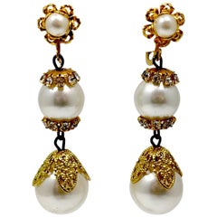 Vintage Faux Pearl & Crystal Dangling Earrings