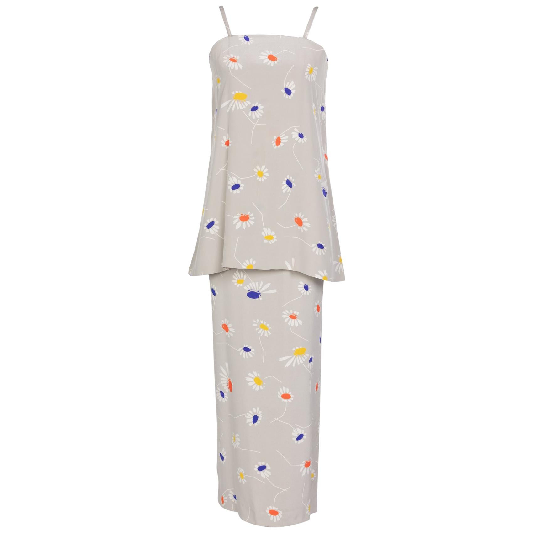 Robe longue en soie à fleurs grises Chloé by Karl Lagerfeld, années 1980 en vente